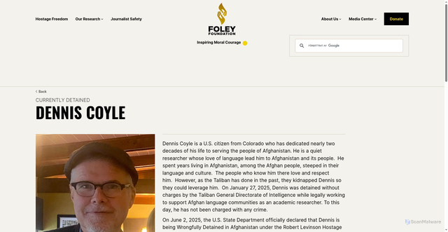 Security scan screenshot of https://jamesfoleyfoundation.org/hostage/dennis-coyle/