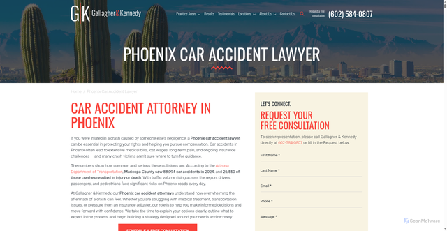 Security scan screenshot of https://www.gallagherkennedyinjury.com/phoenix-car-accident-lawyer/