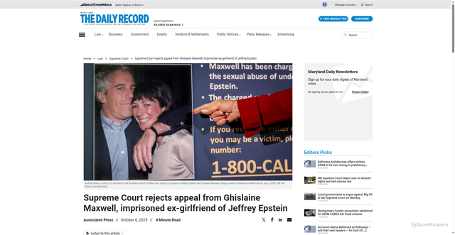 Security scan screenshot of https://thedailyrecord.com/2025/10/06/supreme-court-ghislaine-maxwell-appeal-epstein/