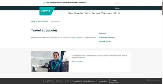 Security scan screenshot of https://www.westjet.com/en-us/get-travel-ready/advisories