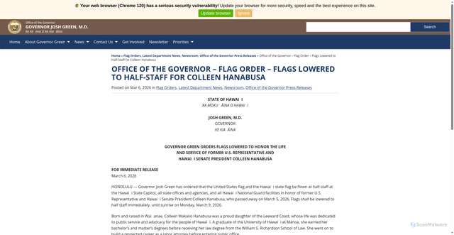 Security scan screenshot of https://governor.hawaii.gov/newsroom/office-of-the-governor-flag-order-flags-lowered-to-half-staff-for-colleen-hanabusa/