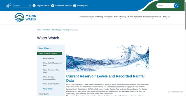 Security scan screenshot of https://marinwater.org/yourwater/water-supply-planning/water-watch/