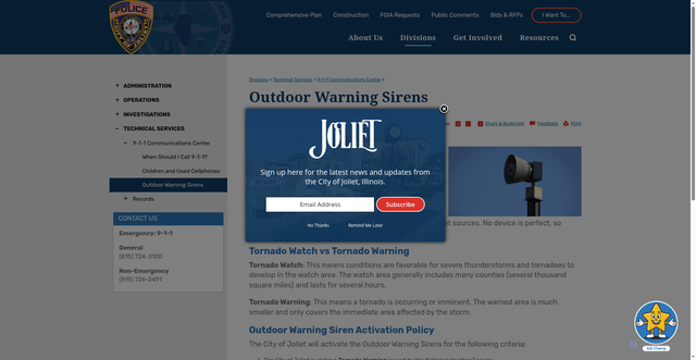 Security scan screenshot of https://www.joliet.gov/government/departments/police-department/divisions/technical-services/9-1-1-communications-center/outdoor-warning-sirens