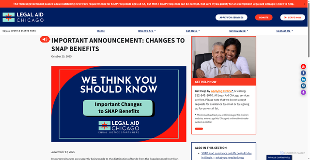 Security scan screenshot of https://legalaidchicago.org/newsroom/in-the-news/important-announcement-changes-to-snap-benefits/