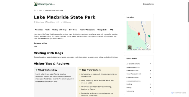 Security scan screenshot of https://www.allstateparks.com/iowa/lake-macbride-state-park