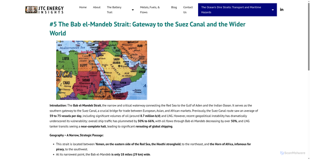 Security scan screenshot of https://jtcenergyinsights.com/6-the-bab-el-mandeb-strait-gateway-to-the-suez-canal-and-the-wider-world/