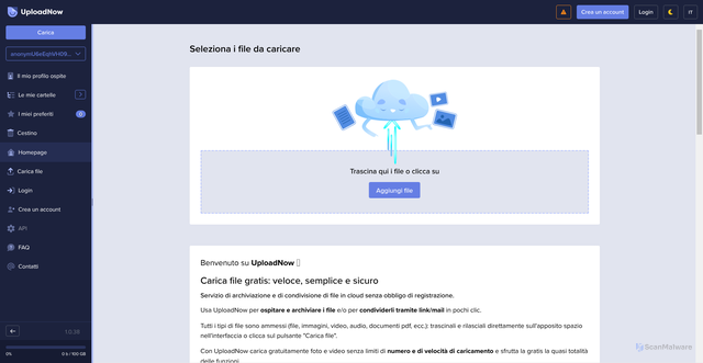 Security scan screenshot of https://uploadnow.io/it