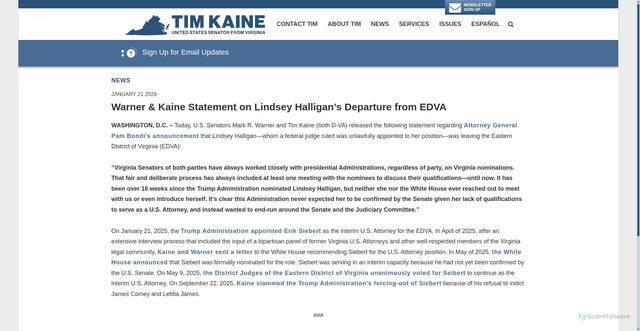 Security scan screenshot of https://www.kaine.senate.gov/press-releases/warner-and-kaine-statement-on-lindsey-halligans-departure-from-edva