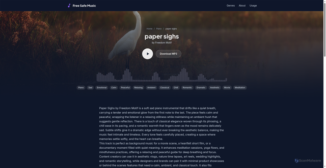 Security scan screenshot of https://freesafemusic.pages.dev/tracks/paper-sighs/