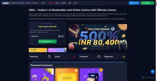 Security scan screenshot of https://1win-official-india.click/registration/