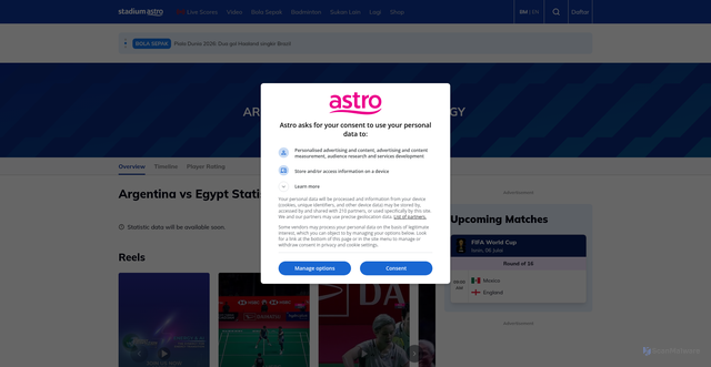 Security scan screenshot of https://stadiumastro.com/match/argentina-egypt/vjxm8ghewkoxr6o