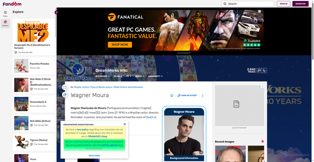 Security scan screenshot of https://dreamworks.fandom.com/wiki/Wagner_Moura