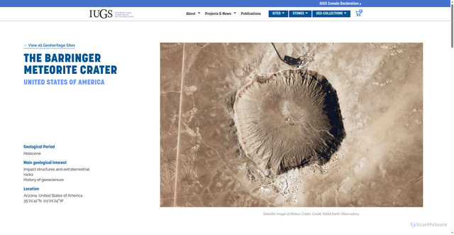 Security scan screenshot of https://iugs-geoheritage.org/geoheritage_sites/the-barringer-meteorite-crater/