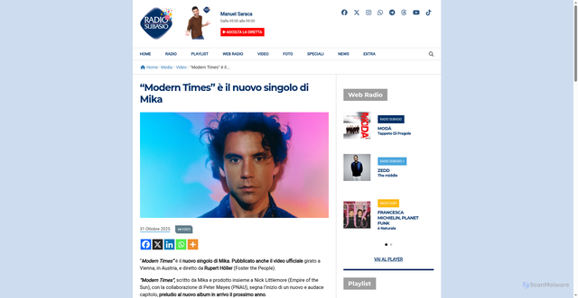 Security scan screenshot of https://www.radiosubasio.it/media/video/modern-times-e-il-nuovo-singolo-di-mika/