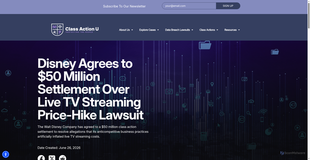 Security scan screenshot of https://classactionu.org/our-news/disney-agrees-to-50-million-settlement-over-live-tv-streaming-price-hike-lawsuit/