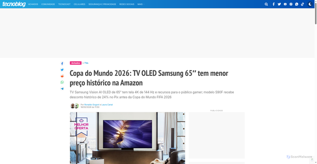 Security scan screenshot of https://tecnoblog.net/achados/copa-do-mundo-2026-tv-oled-samsung-65-tem-menor-preco-historico-na-amazon/
