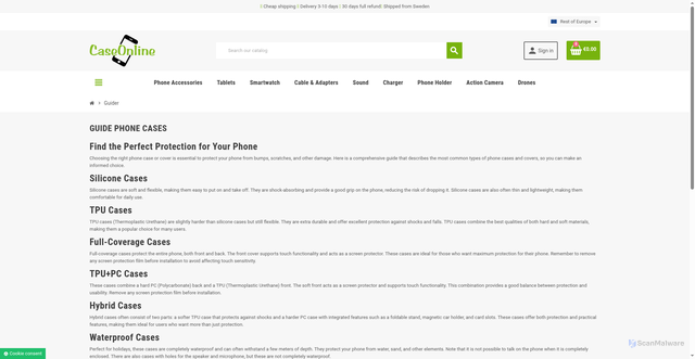 Security scan screenshot of https://caseonline.com/content/guide-phone-cases.html