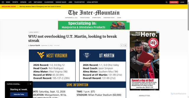 Security scan screenshot of https://www.theintermountain.com/sports/local-sports/2026/09/wvu-not-overlooking-u-t-martin-looking-to-break-streak/