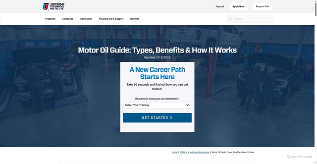Security scan screenshot of https://www.uti.edu/blog/industry-relationships/everything-about-motor-oil