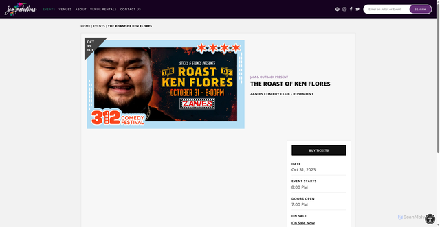 Security scan screenshot of https://www.jamusa.com/events/detail/the-roast-of-ken-flores