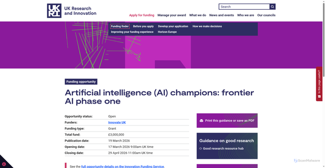 Security scan screenshot of https://www.ukri.org/opportunity/artificial-intelligence-ai-champions-frontier-ai-phase-one/