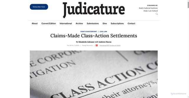 Security scan screenshot of https://judicature.duke.edu/articles/claims-made-class-action-settlements/