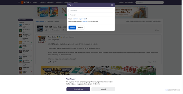 Security scan screenshot of https://boardgamegeek.com/thread/3587897/with-agt-what-solo-scenarios-to-play-in-which-succ