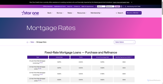 Security scan screenshot of https://www.starone.org/rates/mortgage-rates