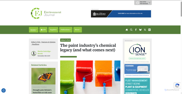 Security scan screenshot of https://environmentjournal.online/headlines/the-paint-industrys-chemical-legacy-and-what-comes-next/