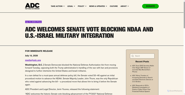 Security scan screenshot of https://adc.org/adc-welcomes-senate-vote-blocking-ndaa/