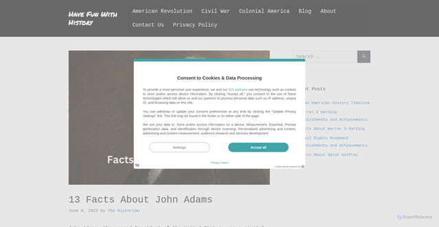 Security scan screenshot of https://www.havefunwithhistory.com/facts-about-john-adams/
