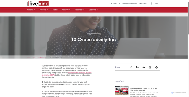 Security scan screenshot of https://www.bankfivenine.com/everyday-money/10-cybersecurity-tips/