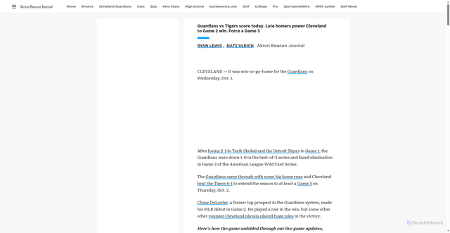 Security scan screenshot of https://www.beaconjournal.com/story/sports/mlb/cleveland-guardians/2025/10/01/cleveland-guardians-score-tigers-game-2-live-updates/86445006007/