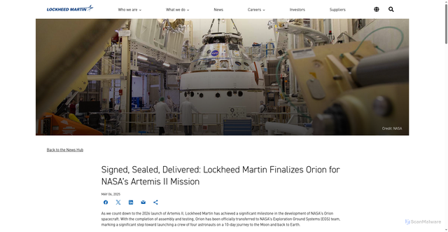 Security scan screenshot of https://www.lockheedmartin.com/en-us/news/features/2025/lockheed-martin-finalizes-orion-for-artemis-ii.html