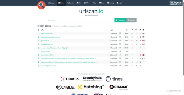 Security scan screenshot of https://urlscan.io/