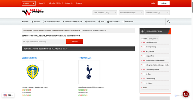 Security scan screenshot of https://www.soccerpunter.com/h2h/Tottenham-U21-vs-Leeds-United-U21/128598/249335/