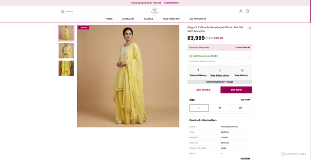 Security scan screenshot of https://thewomenplus.com/Elegant-Yellow-Embroidered-Ethnic-Suit-Set-With-Dupatta/catalogue/gpDu2pee/9AXtRt56