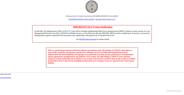 Security scan screenshot of https://ecf.alsd.uscourts.gov