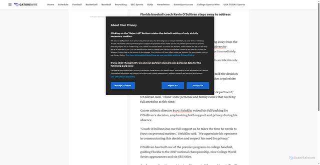 Security scan screenshot of https://gatorswire.usatoday.com/story/sports/college/gators/baseball/2025/10/22/florida-baseball-kevin-osullivan-leave-personal-family-matters/86841113007/