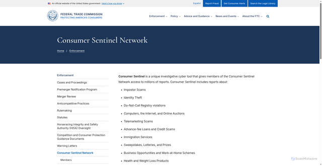 Security scan screenshot of https://www.ftc.gov/enforcement/consumer-sentinel-network