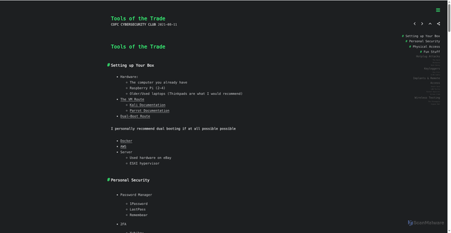Security scan screenshot of http://cofcsecurity.barehost.tech/2021-fall-tools-of-the-trade2021/
