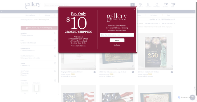 Security scan screenshot of https://www.gallerycollection.com/july-4th-cards/america-250-greeting-cards/?srsltid=AfmBOorfrGH7iE8ObQ4_KAyrvBA-Sl-1L5Iihebrz0ajzkRVLd5b7bbb