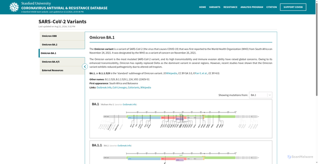 Security scan screenshot of https://covdb.stanford.edu/page/mutation-viewer/