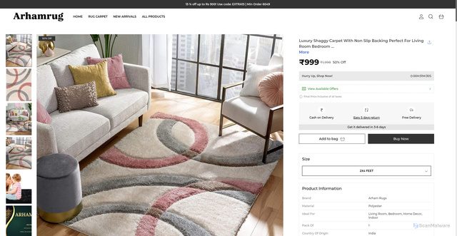 Security scan screenshot of https://arhamrug.shop/Luxury-Shaggy-Carpet-With-Non-Slip-Backing-Perfect-For-Living/catalogue/aFpjuTyt/hEjKmYwW