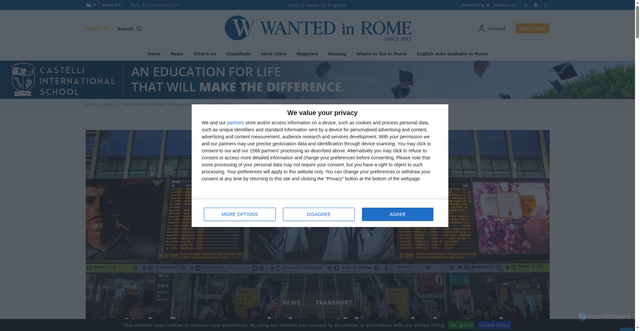 Security scan screenshot of https://www.wantedinrome.com/news/italy-faces-travel-chaos-february-due-to-air-and-rail-strikes.html