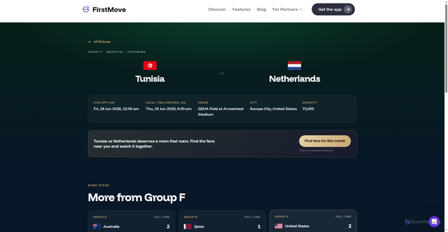 Security scan screenshot of https://firstmove.live/world-cup-2026/matches/tunisia-vs-netherlands