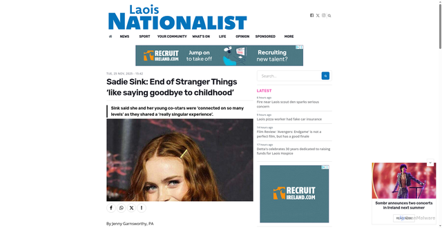 Security scan screenshot of https://www.laois-nationalist.ie/whatson/entertainment/sadie-sink-end-of-stranger-things-like-saying-goodbye-to-childhood_arid-78901.html