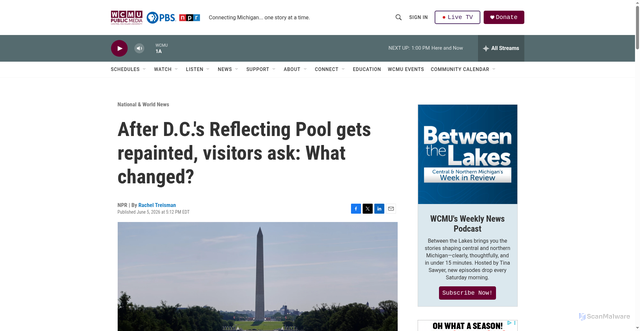 Security scan screenshot of https://www.wcmu.org/national-world-news/2026-06-05/after-d-c-s-reflecting-pool-gets-repainted-visitors-ask-what-changed