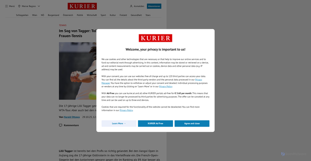 Security scan screenshot of https://kurier.at/sport/tennis/lilli-tagger-kara-fronek-oetv-frauen-tennis-anna-pircher/403097833