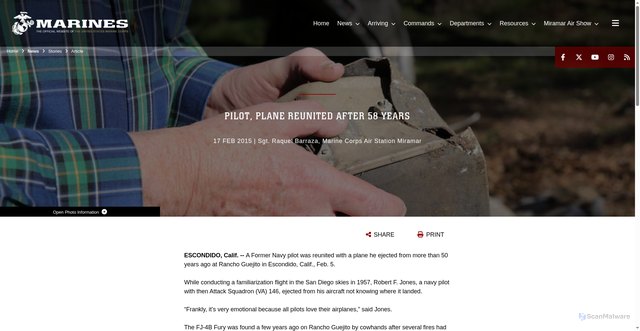Security scan screenshot of https://www.miramar.marines.mil/News/Stories/Article/Article/566374/pilot-plane-reunited-after-58-years/